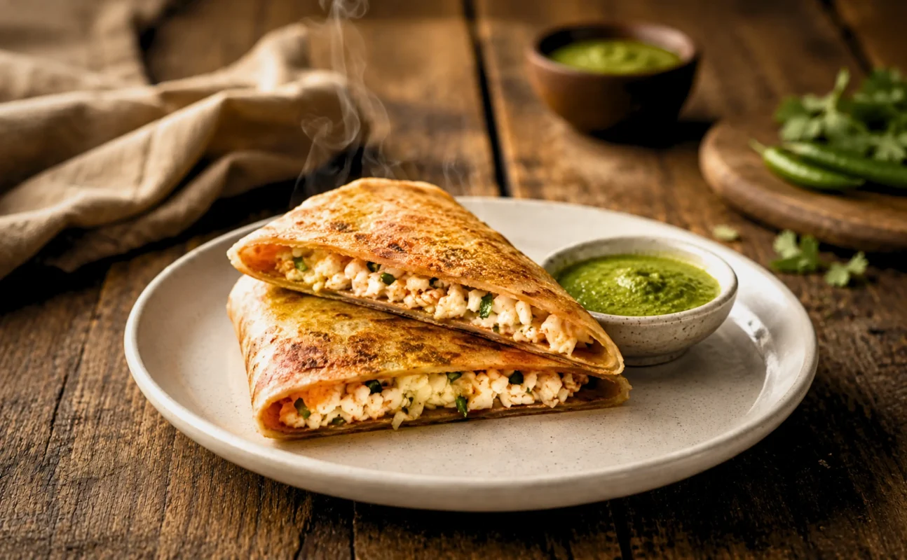 "Double Protein Paneer Wrap folded and served"