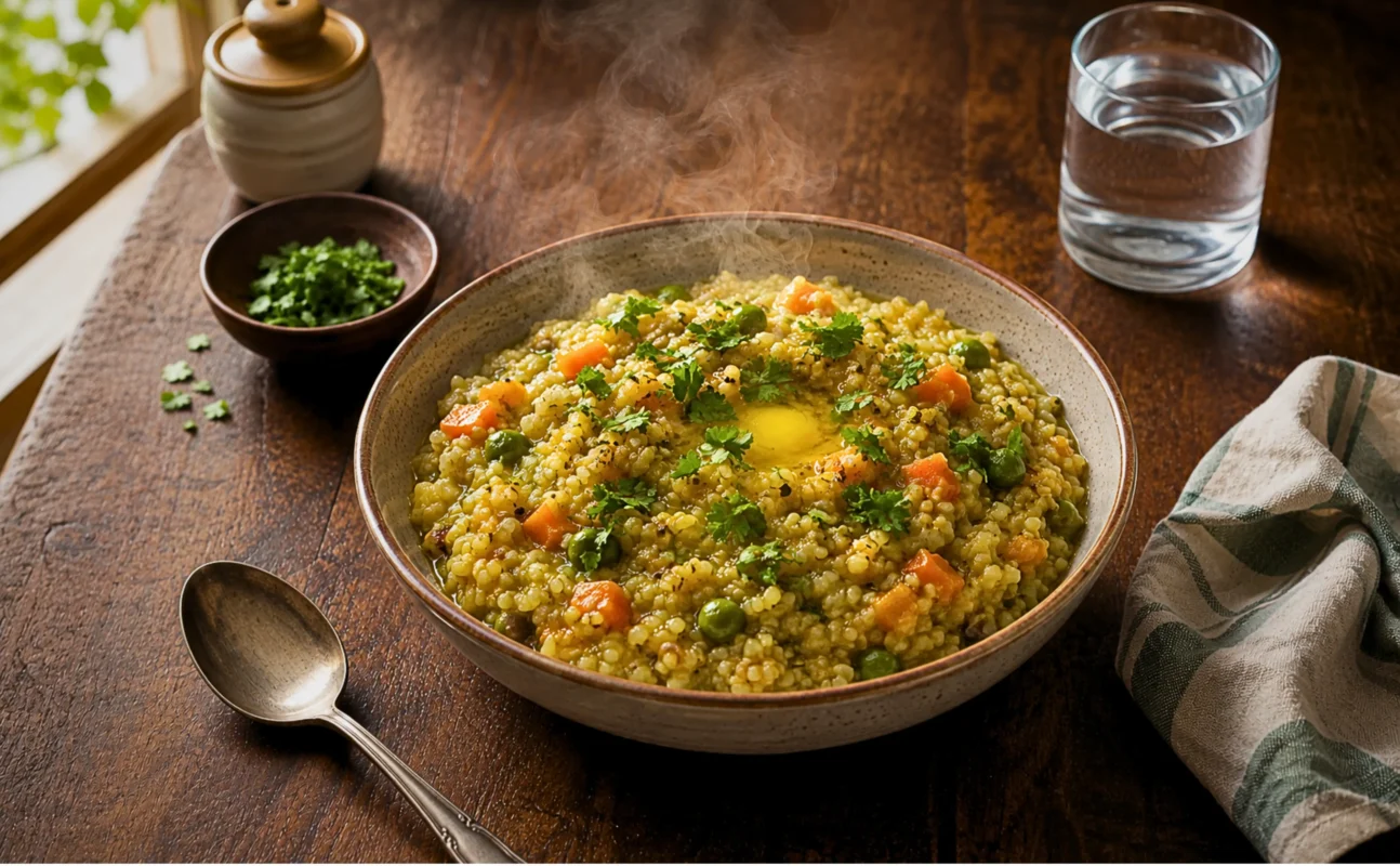 "Millet Veggies Khichdi served hot in a bowl with a ghee drizzle"