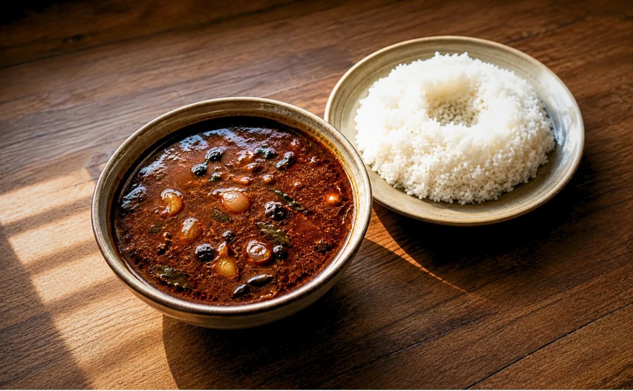 "Pirandai Kara Kulambu served hot with steamed rice"