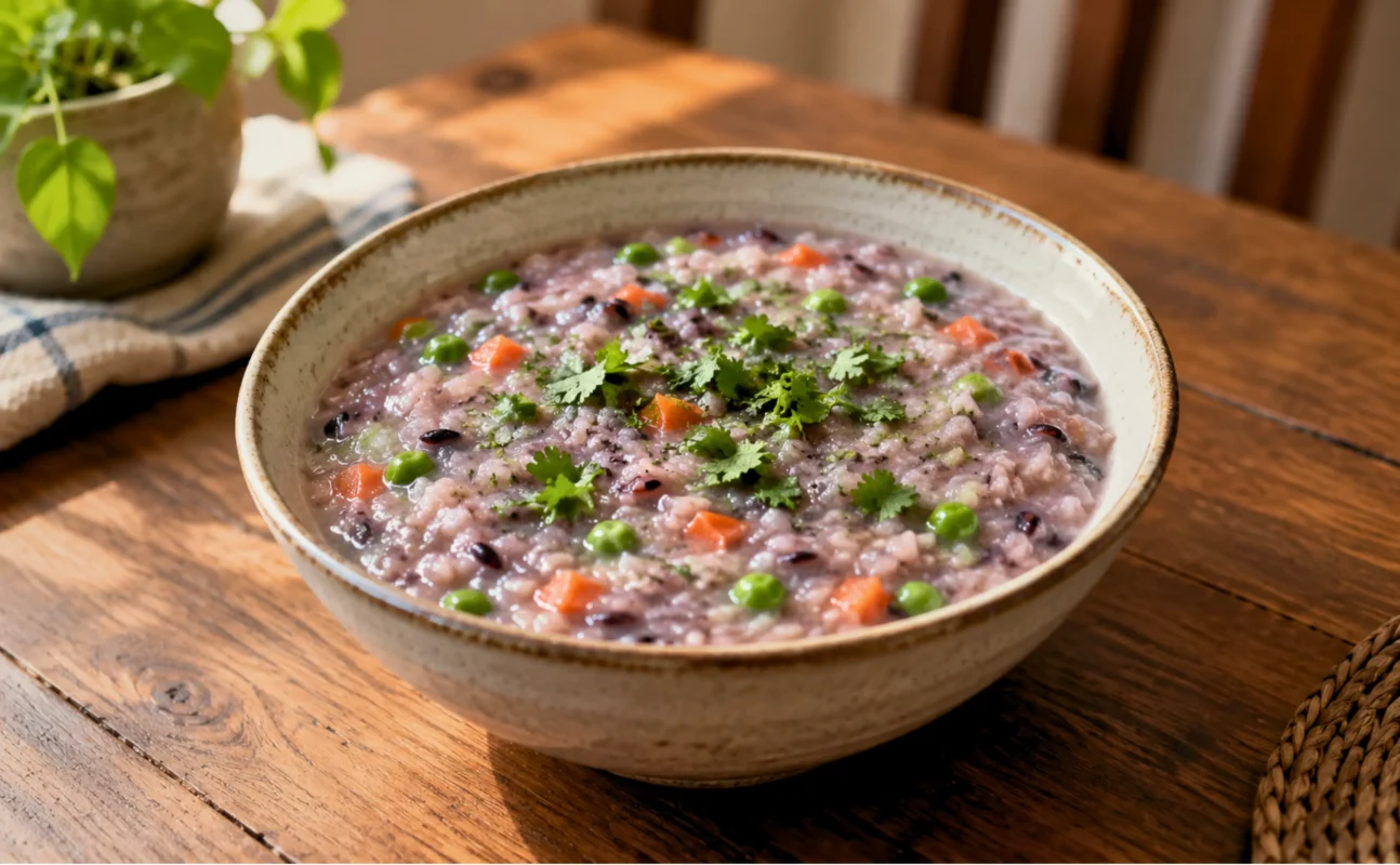 Prince Veggies Porridge served warm in a bowl with coriander garnish