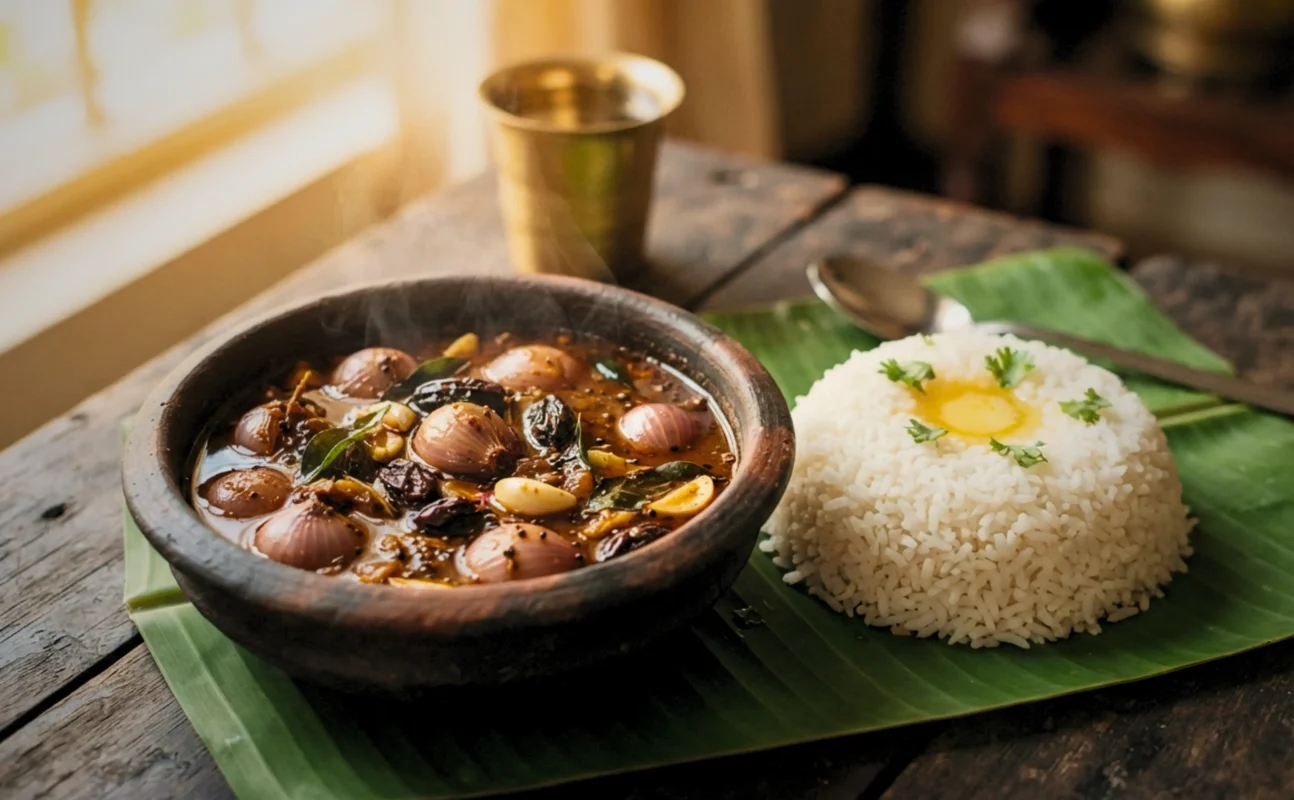 "Sundakai Vattal Kulambu served with steamed rice"